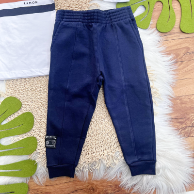 Conj. Camiseta Manga Longa Duas Listras e Calça de Moletom - Branco e Marinho